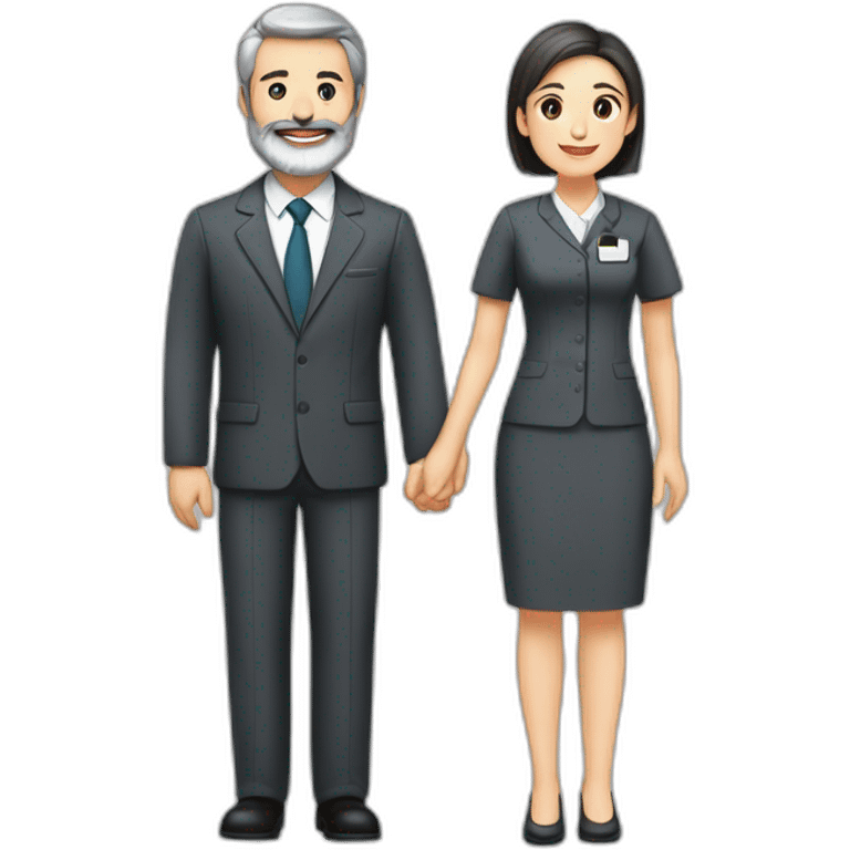 husband classy caucasian 55 dark gray hair trimmed beard wearing business suit and holding bible, with wife asian age 55 dark hair nurse uniform, no children emoji