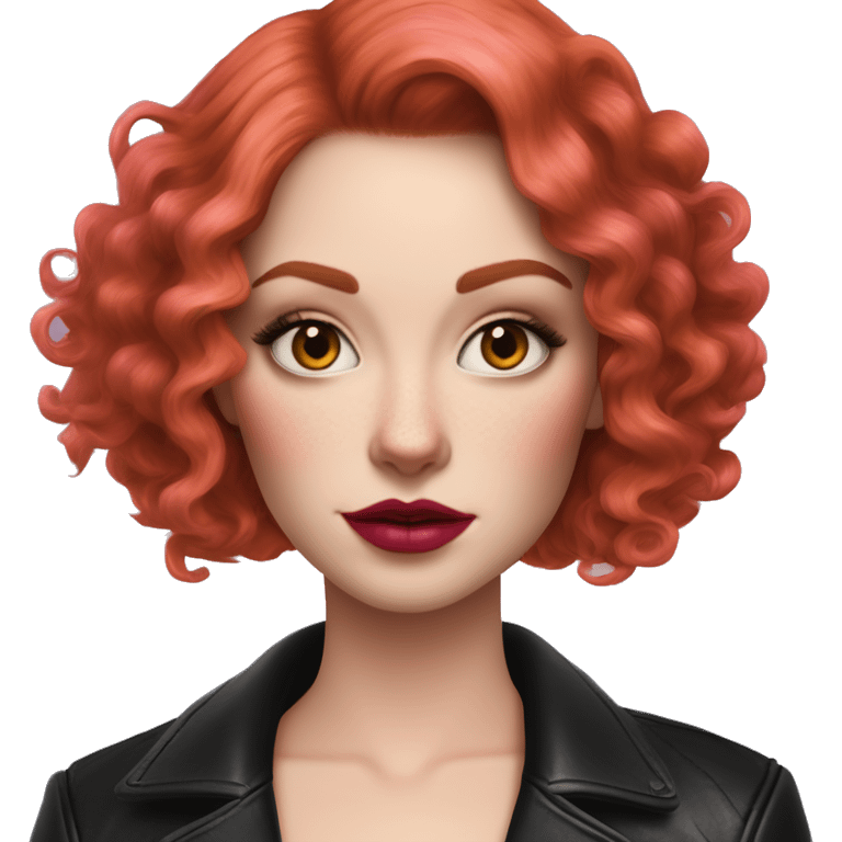 Woman with very pale skin, with bright red curly bob hair that is parted on the side, heavy eye makeup, cat eyeliner, long eyelashes, bright pink blush and bright pink lipstick.  Her eyebrows are dark, arched and very high. Wearing a leather jacket  emoji