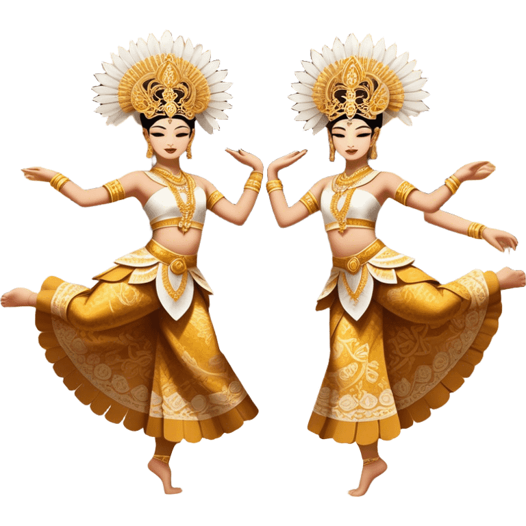 ​Cinematic Realistic Traditional Javanese Dancers, depicted as two graceful dancers in ornate traditional costumes with intricate batik patterns and elaborate headpieces, captured in dynamic poses during a ritual dance in an ancient temple courtyard, rendered with soft golden lighting and rich cultural textures, emoji