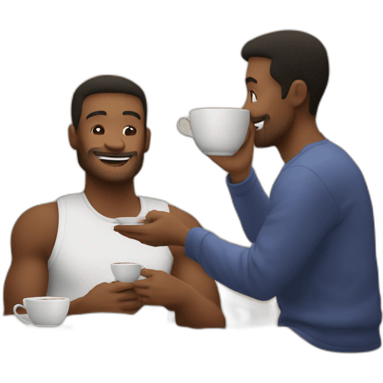 2 homme qui parle autour d’une bonne tasse de thé dans une chambre avce 2 lit simple  emoji