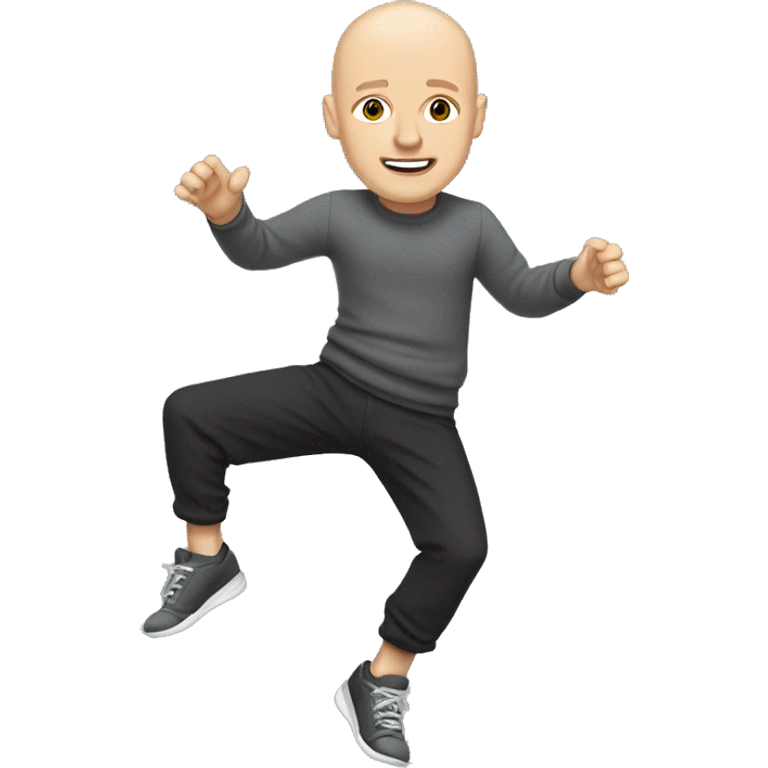 a bald white man, with a black sweater and gray jogging pants and dancing shoes emoji