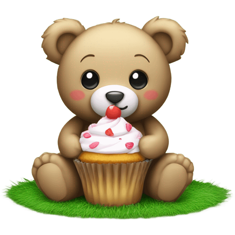 Cute Teddy bear sitting on grass eating a cupcake emoji