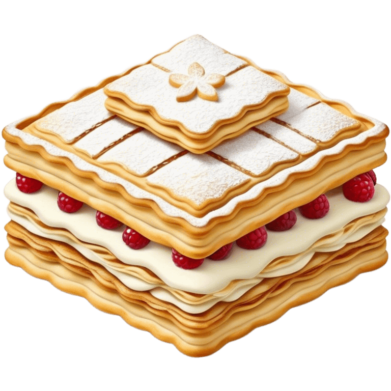 Cinematic Realistic Mille-Feuille Dessert Emoji, depicted as layered puff pastry with rich cream and a dusting of powdered sugar rendered with intricate textures and elegant, soft lighting. emoji