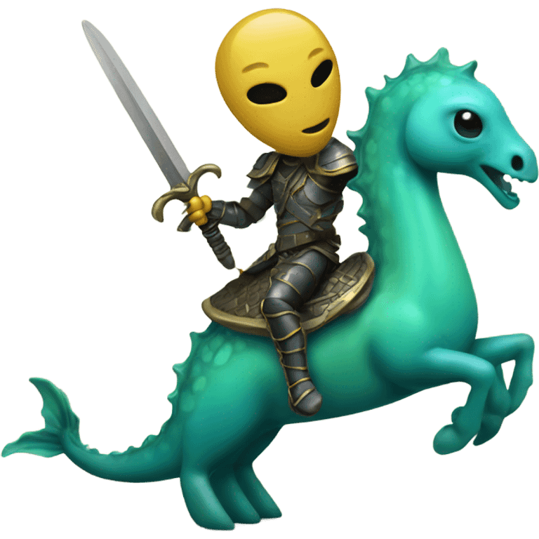 Alien riding a seahorse with a sword emoji