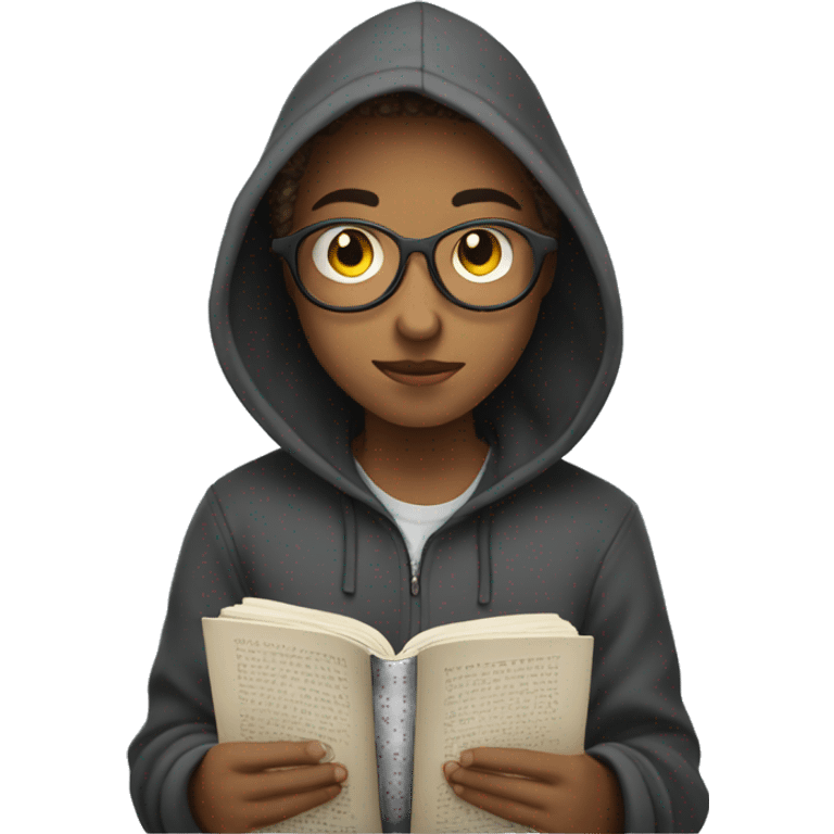 teenager in hoodie reading a book emoji