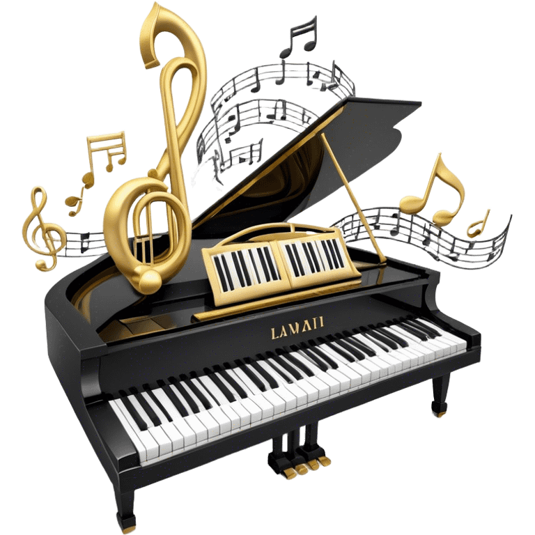 Create an elegant and festive emoji collage representing keyboard instruments, styled like a heraldic emblem. The design should feature a central focal point of black and white piano keys, arranged in a semi-circular or shield-like shape. Around the piano keys, add intertwining musical notes that form flowing ribbons, creating a dynamic and celebratory atmosphere. The design should be professional, with polished silver and gold accents on the keys and notes, highlighting the luxury and sophistication of the instruments. Add subtle shading and lighting effects to give the design a refined, 3D appearance. The background should remain transparent, and the overall feel should evoke grandeur, artistry, and a sense of celebration. emoji