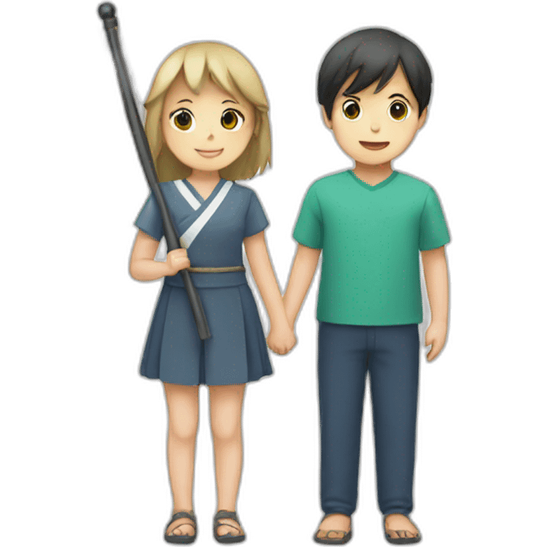 boy and girl holding Japanese flag emoji