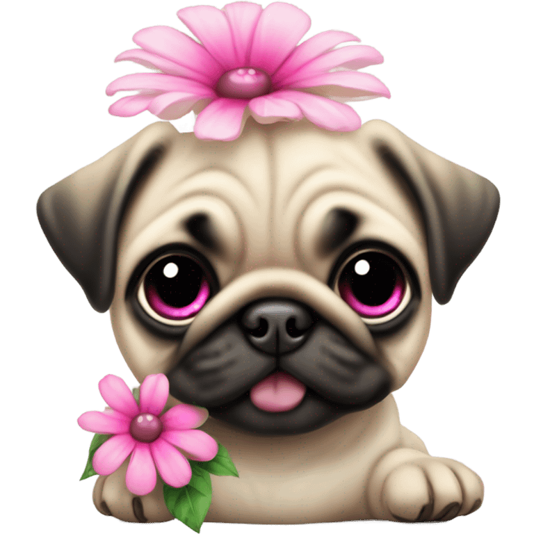 Baby pug playing with a flower pink eyes  emoji