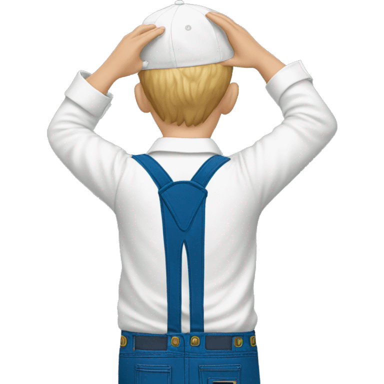 white shirt from behind, boy pointing up, blue overalls emoji