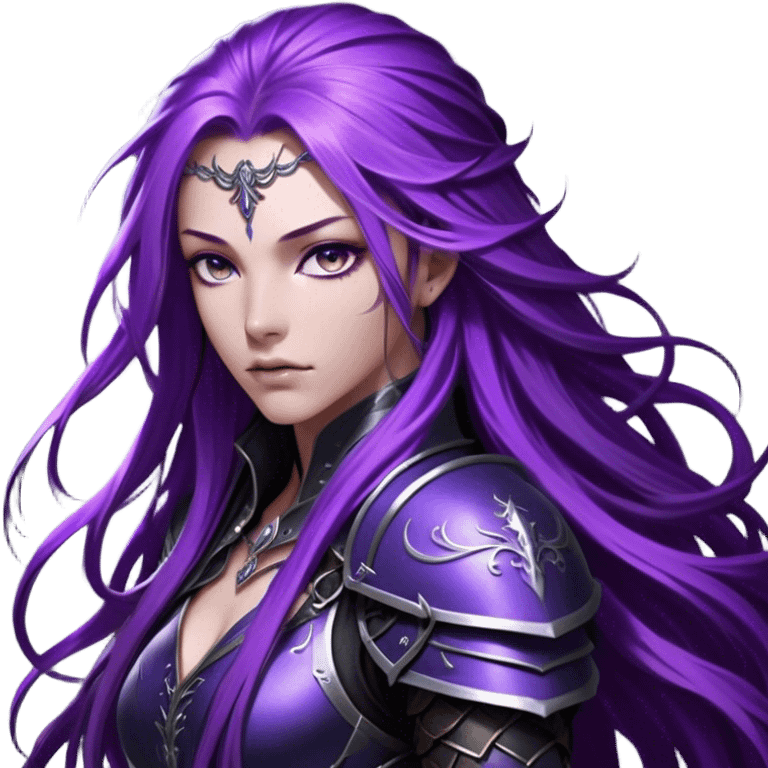 A mysterious warrior girl with long, flowing purple hair cascading down her back, strands catching the dim light like silk. Her piercing violet eyes glow beneath her furrowed brow, sharp with determination and wisdom beyond her years. She wears sleek black armor, a perfect fusion of elegance and lethality, adorned with intricate silver engravings resembling ancient runes. A dark cape billows behind her, torn at the edges from countless battles. Her gauntleted hands rest on the hilt of a slender, obsidian-hued sword, its blade humming faintly with hidden power.  emoji