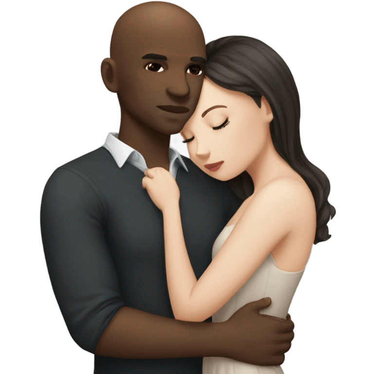 White girl dark hair kissing bald black man emoji