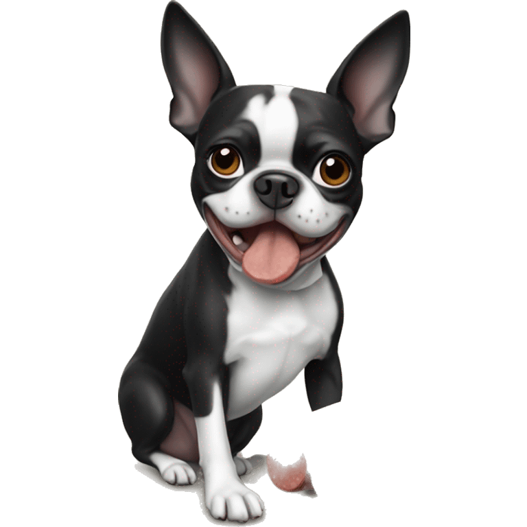 Boston terrier black & white eating sausage emoji