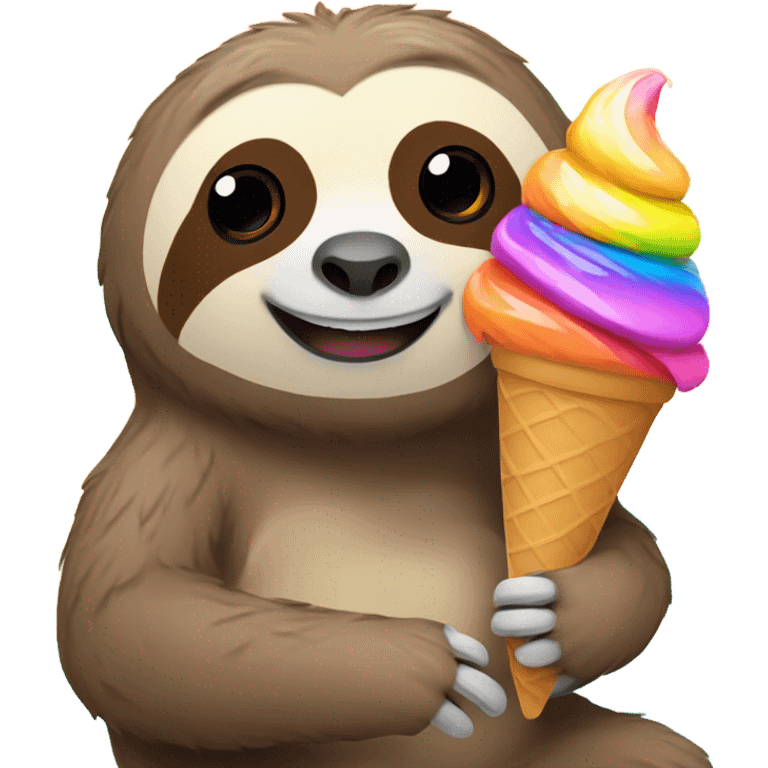 A sloth sitting on a rainbow eating an ice cream cone emoji