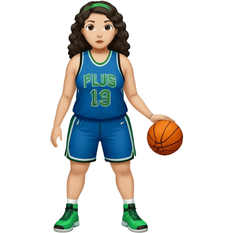 full body plus size light skin latino women basketball player with wavy dark hair large widenose wearing blue and green uniform emoji