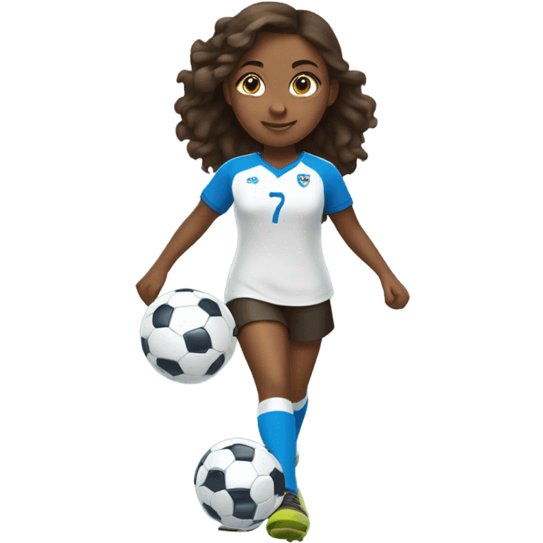 Brown girl blue eyes playing soccer full body emoji