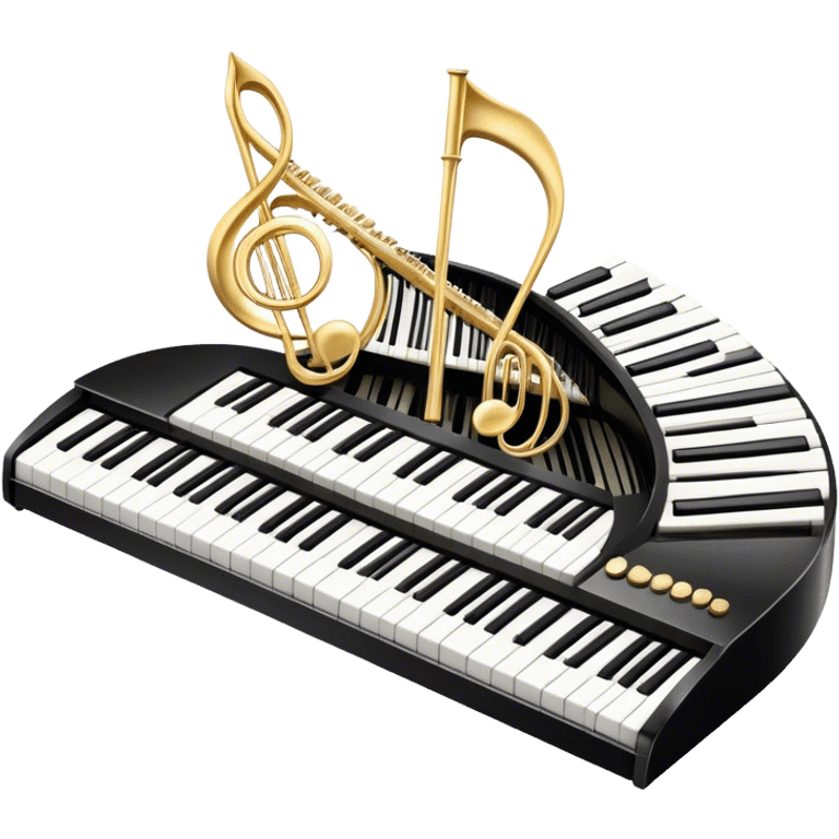 Create an elegant and festive emoji collage representing keyboard instruments, styled like a heraldic emblem. The design should feature a central focal point of black and white piano keys, arranged in a semi-circular or shield-like shape. Around the piano keys, add intertwining musical notes that form flowing ribbons, creating a dynamic and celebratory atmosphere. The design should be professional, with polished silver and gold accents on the keys and notes, highlighting the luxury and sophistication of the instruments. Add subtle shading and lighting effects to give the design a refined, 3D appearance. The background should remain transparent, and the overall feel should evoke grandeur, artistry, and a sense of celebration. emoji