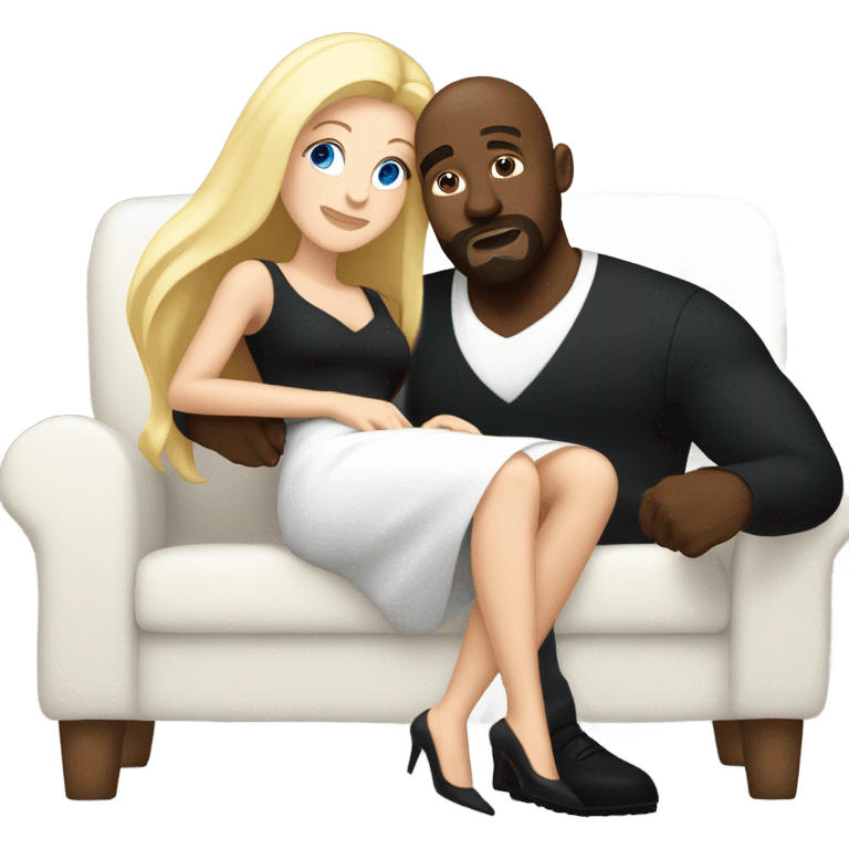 Blonde woman with blue eyes and long straight hair wearing a short black dress and a black man who is bald with a goatee seated together on a sofa enjoying a passionate embrace.   emoji