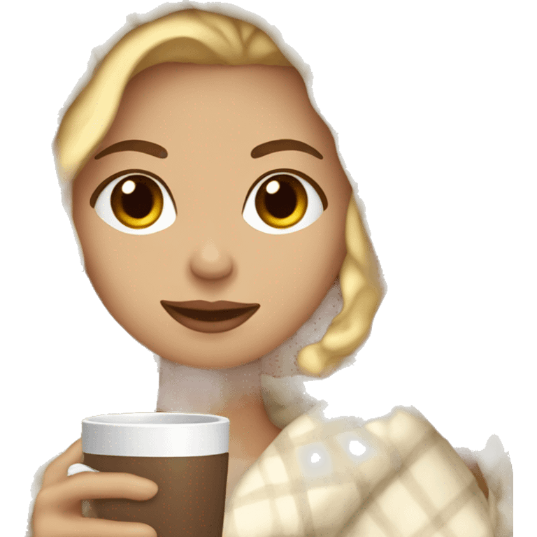 Light-skinned Blonde Girl wrapped in a blanket with a cup of cocoa emoji