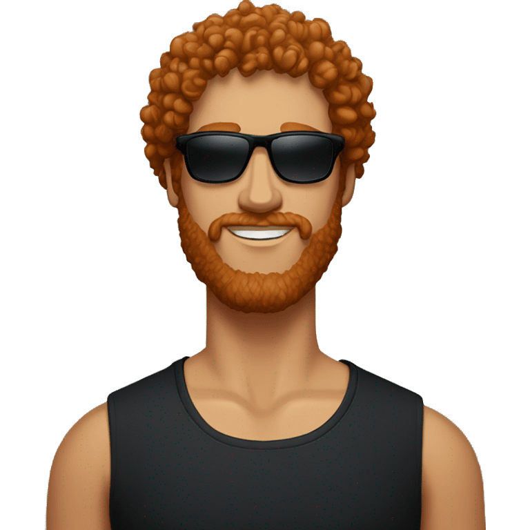 Red-haired man with curly hair and a beard, wearing a black Nike t-shirt and sunglasses emoji