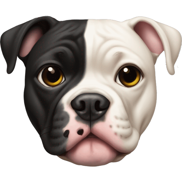 Black and white pitbull with one eye and a pug emoji