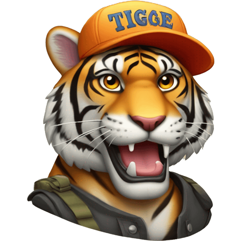 Tigre animado con gorra con un cartel emoji