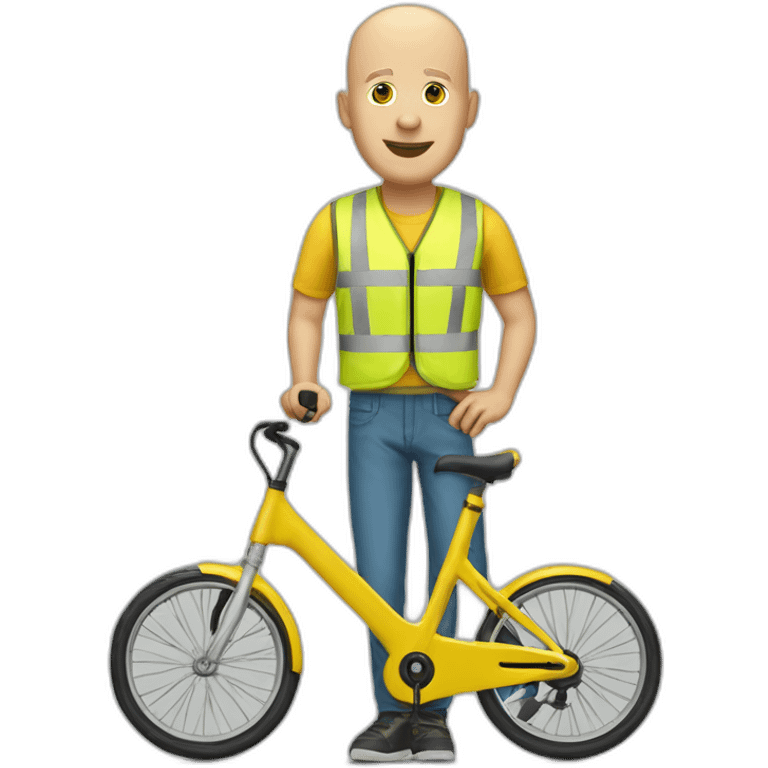 a bald white man with a yellow safety vest and a yellow bicycle helmet on a trotinette emoji