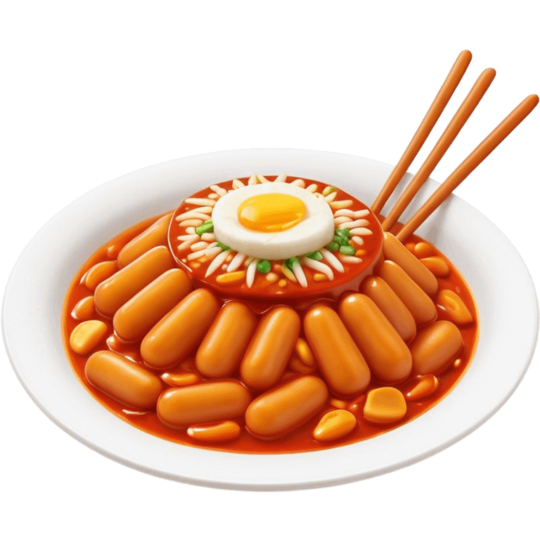 Cinematic Realistic Tteokbokki Dish Emoji, showcasing spicy, chewy rice cakes in a fiery sauce rendered with lifelike detail and bold, dynamic lighting. emoji