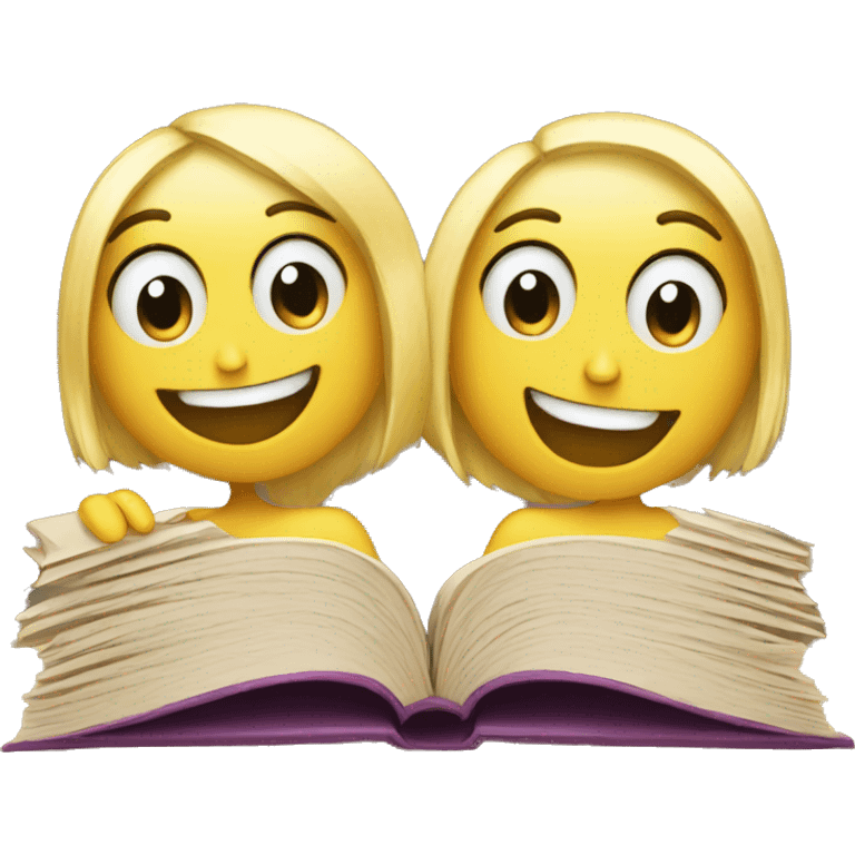 Two smily faces reading she same book emoji