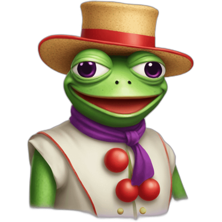 pepe the frog with red clown nose and purple hat and holding a salami emoji