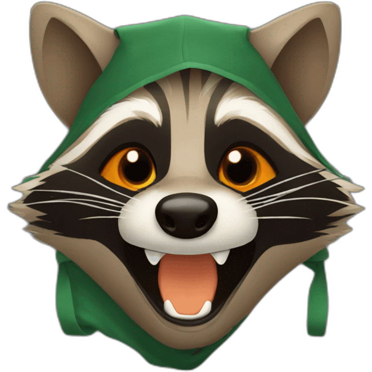 brown raccoon with orange eyes and a dark green hood that is laughing emoji