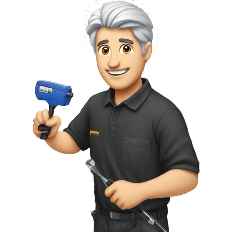 Technician with grey hair wearing a black polo shirt fixes a TV to a white wall of an exhibition Booth using a screwdriver emoji