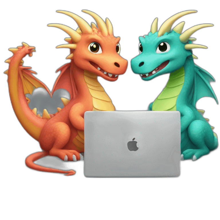 two dragon friends different colors looking at a laptop emoji