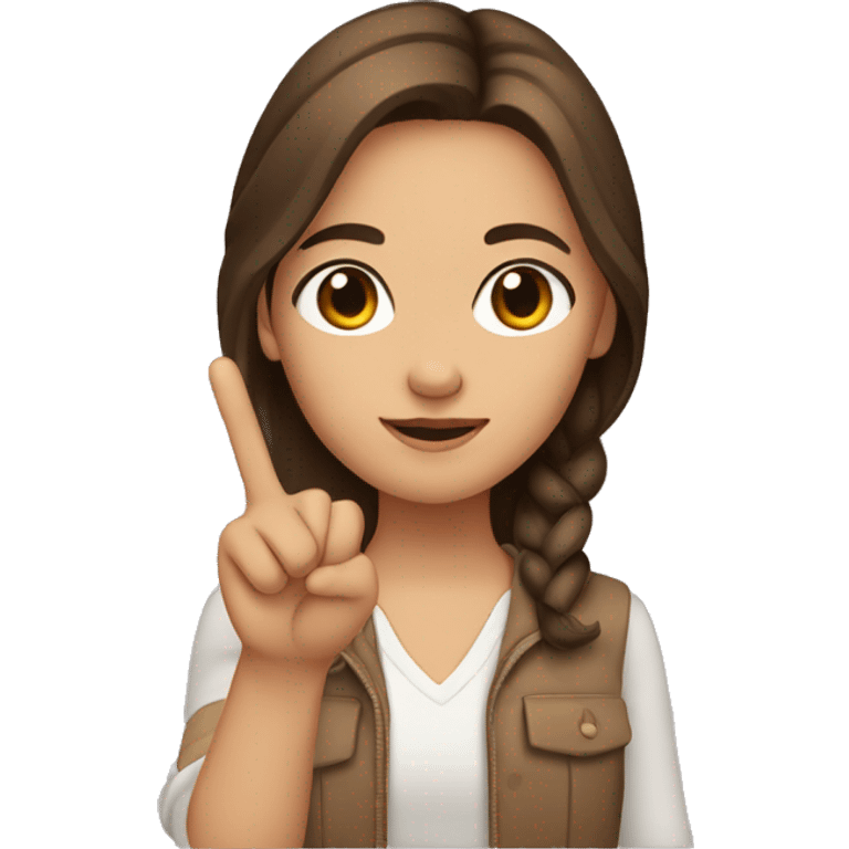 Girl with brown hair and brown eyes doing a peace sign with the right hand emoji