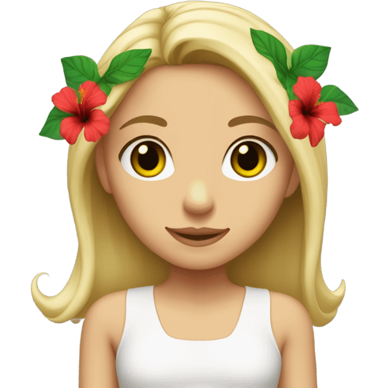 Blonde haired girl with green eyes one red hibiscus flower in her hair wearing a white top emoji