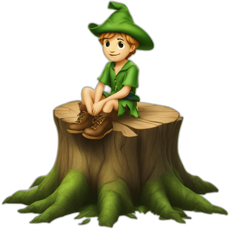 Peter Pan with his hat sitting on tree stump emoji