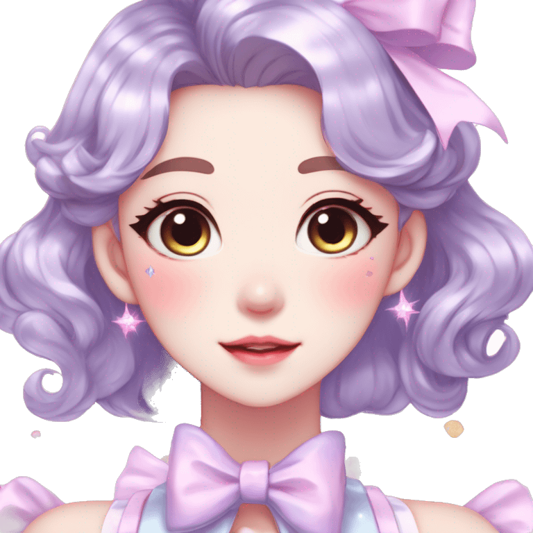 Gorgeous pastel anime style lady with blushing face with sparkly bow tie  cottagecore fairycore pastelcore shiny colorful pearly petite simplistic aesthetic trending style emoji