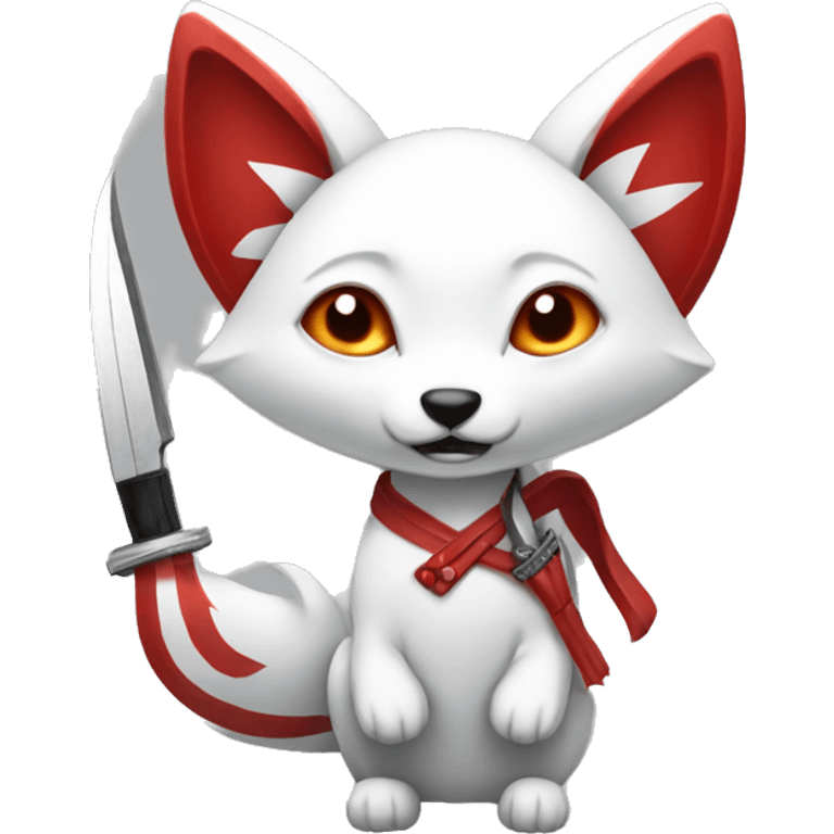 white kitsune with red markings and three tails holding knife emoji