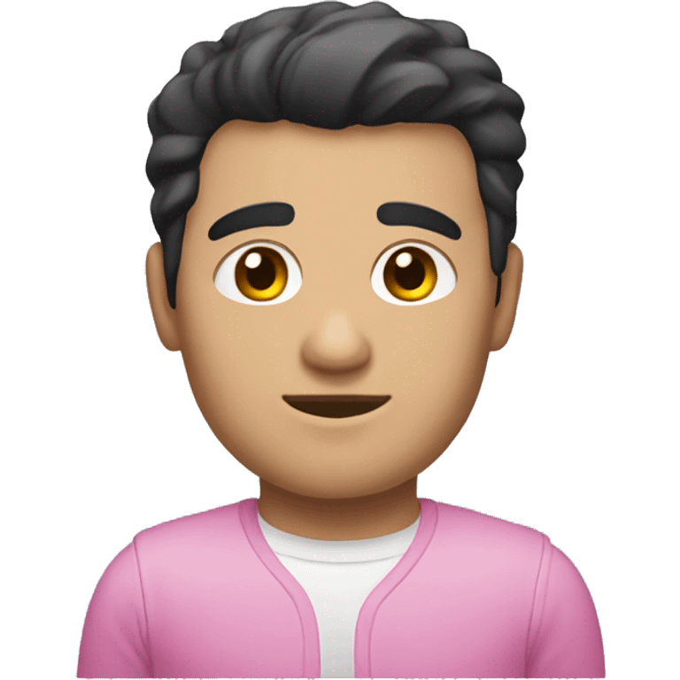 Black-haired builder, black eyes, no beard, square face, white skin, t-shirt pink.  emoji