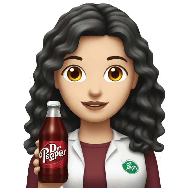 white girl with long black wavy hair holding a dr pepper  emoji