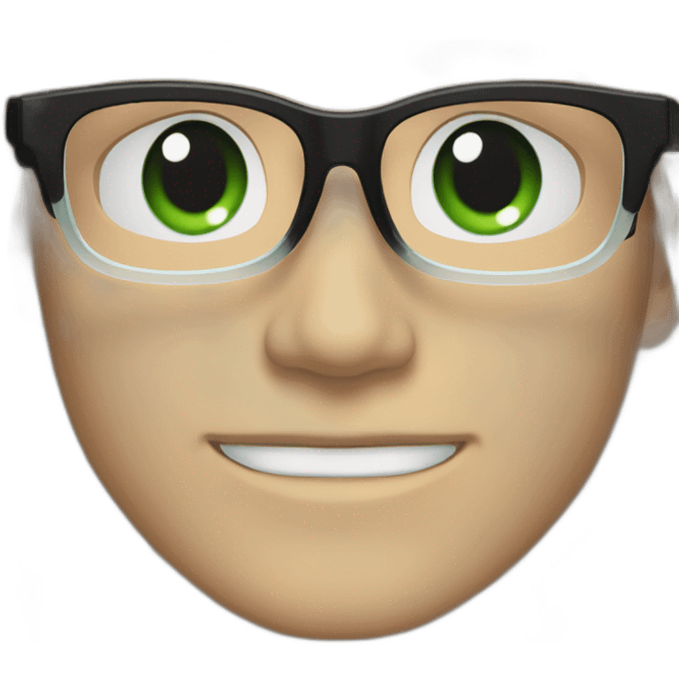 White man with clear glasses frames,swoopy black straight hair, blue-green eyes, smiling emoji