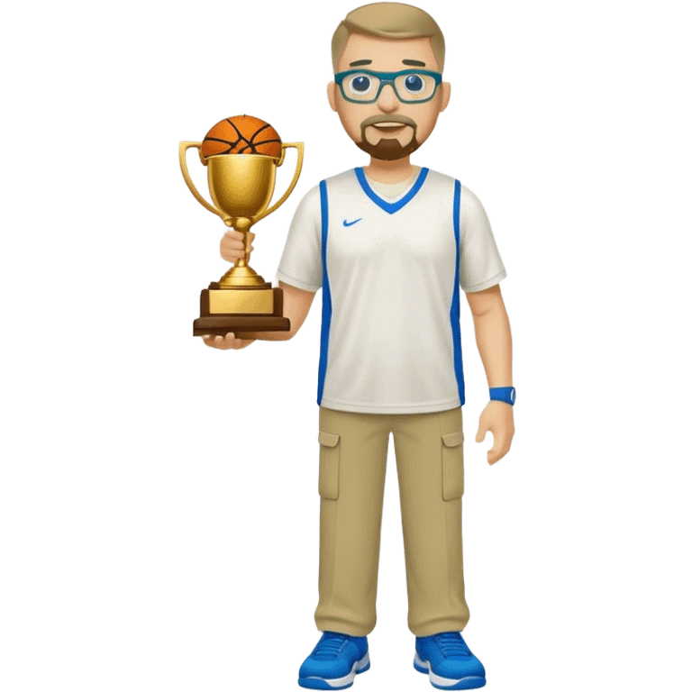 full body white chunky male basketball coach with trophy. Goatee , Wearing glasses and blue and green polio and khaki pants emoji