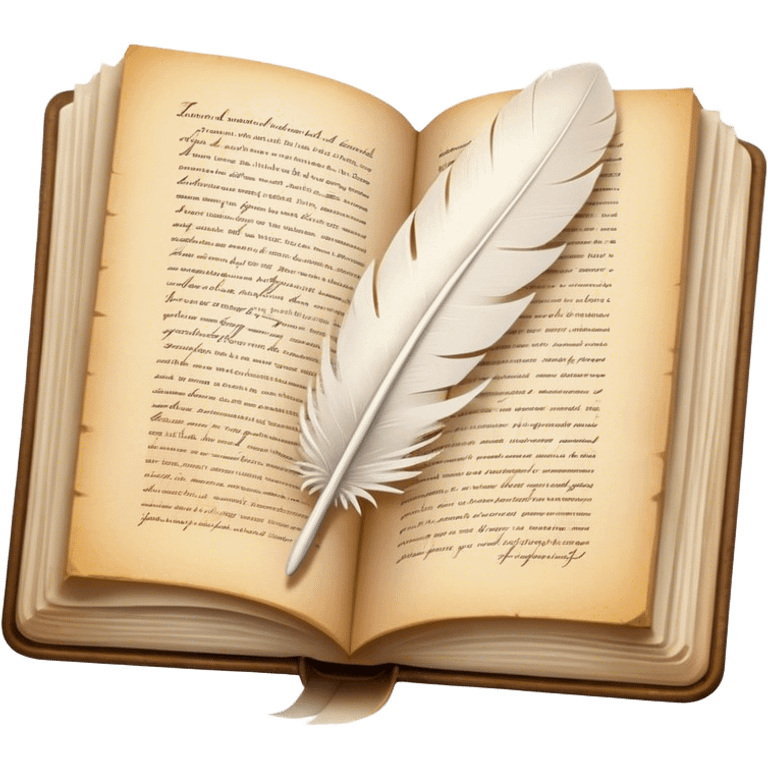 Create a poetic and elegant emoji representing poetry. The design should feature several vintage, gracefully flying pages with short, poetic columns written on them. A white feather quill should be depicted writing on one of the pages, with ink flowing smoothly. The pages should have a soft, antique look, with subtle details to convey the delicate nature of poetry. Use soft, light colors with a romantic, airy feel. Make the background transparent. emoji