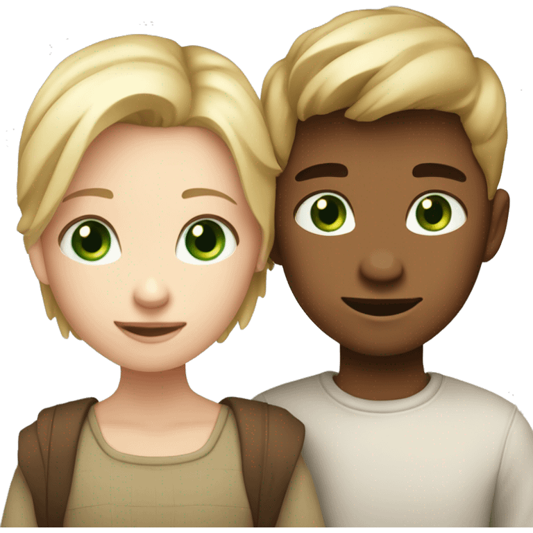 A boy with fair skin, blond short hair and blue eyes and a girl with fair skin, brown straight hair, with green eyes hugging together emoji