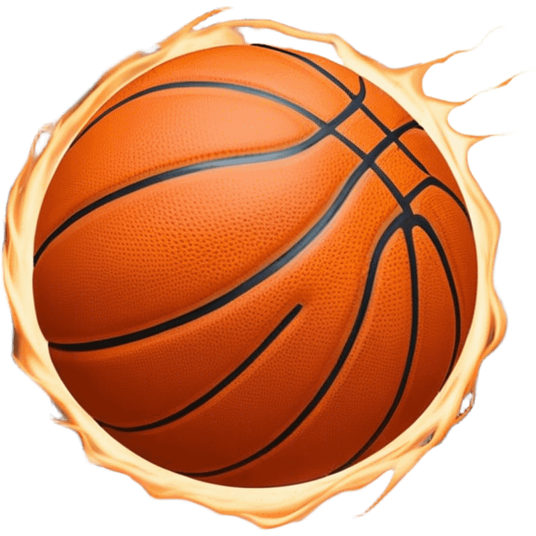 Cinematic Realistic image of a basketball captured in dynamic motion, with detailed surface textures and a slight motion blur, set against a vibrant urban backdrop with energetic lighting emoji