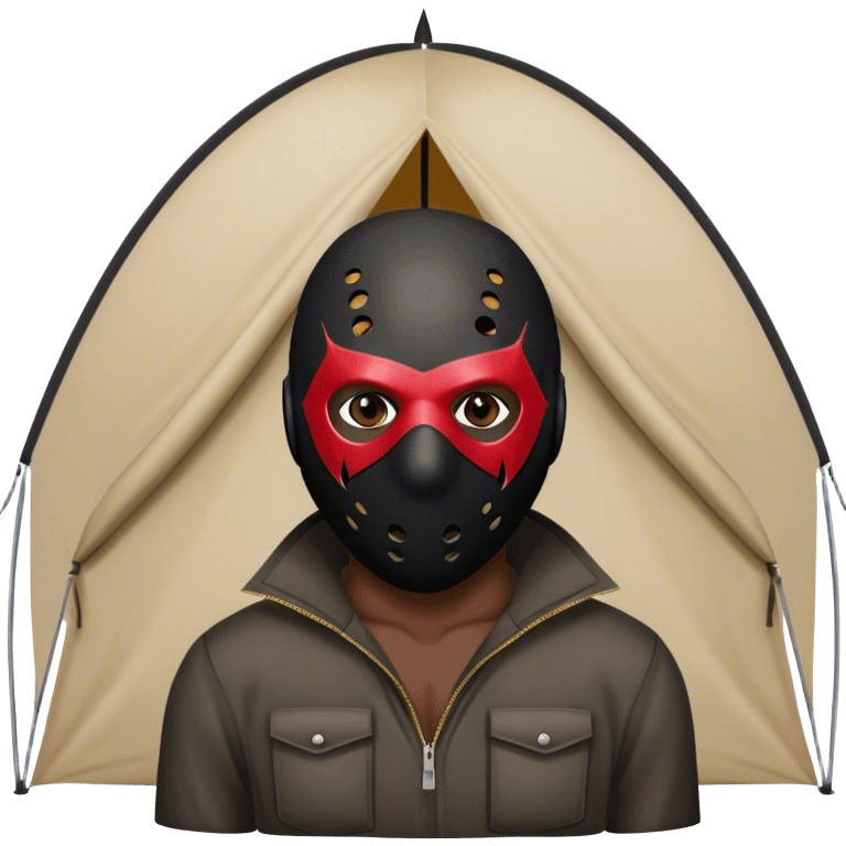 dark skinned black man standing in front of tent with a jason mask emoji