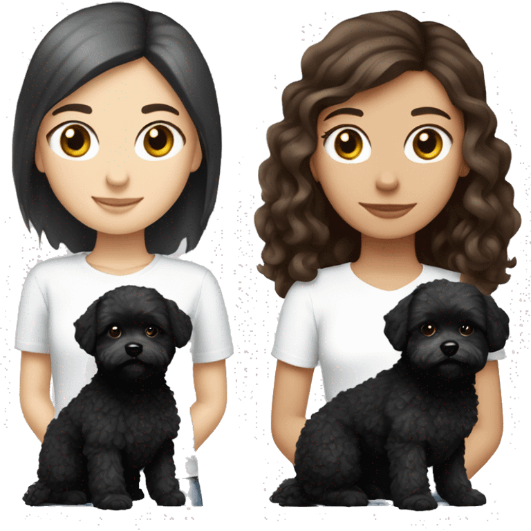 Caucasian Brunette girl long straight hair and hazel eyes, holding a black maltipoo with a white snout  to the side emoji