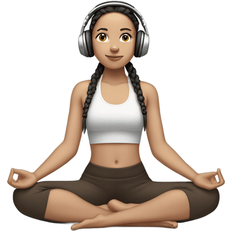 pale girl with dark brown braids doing sitting yoga pose with headphones on listening to musik  emoji