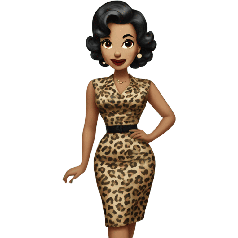 pin up brown woman with black hair in a 50s leopard dress emoji