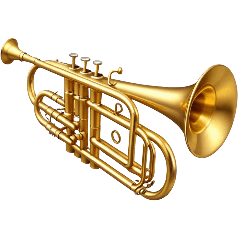 Cinematic Realistic Trumpet, rich golden brass with subtle tarnish marks, soft highlights emphasizing the intricate details, warm reflections of stage lighting bouncing off the metal, glowing with bold and triumphant energy. emoji