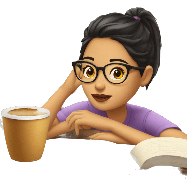 Chica morena leyendo con gafas y cafe emoji